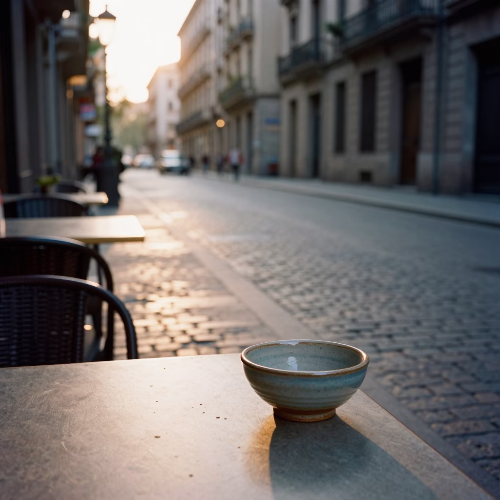 Sunlit Barcelona Street Scene with Ceramic Bowl and Magnolia Bloom in in Barcelona, Spain