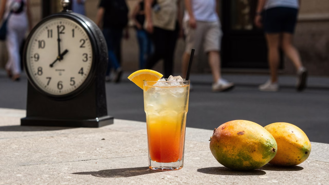 Sunlit Barcelona Street Scene with Chess Clock and Mango Lassi at Midday in in Barcelona, Spain