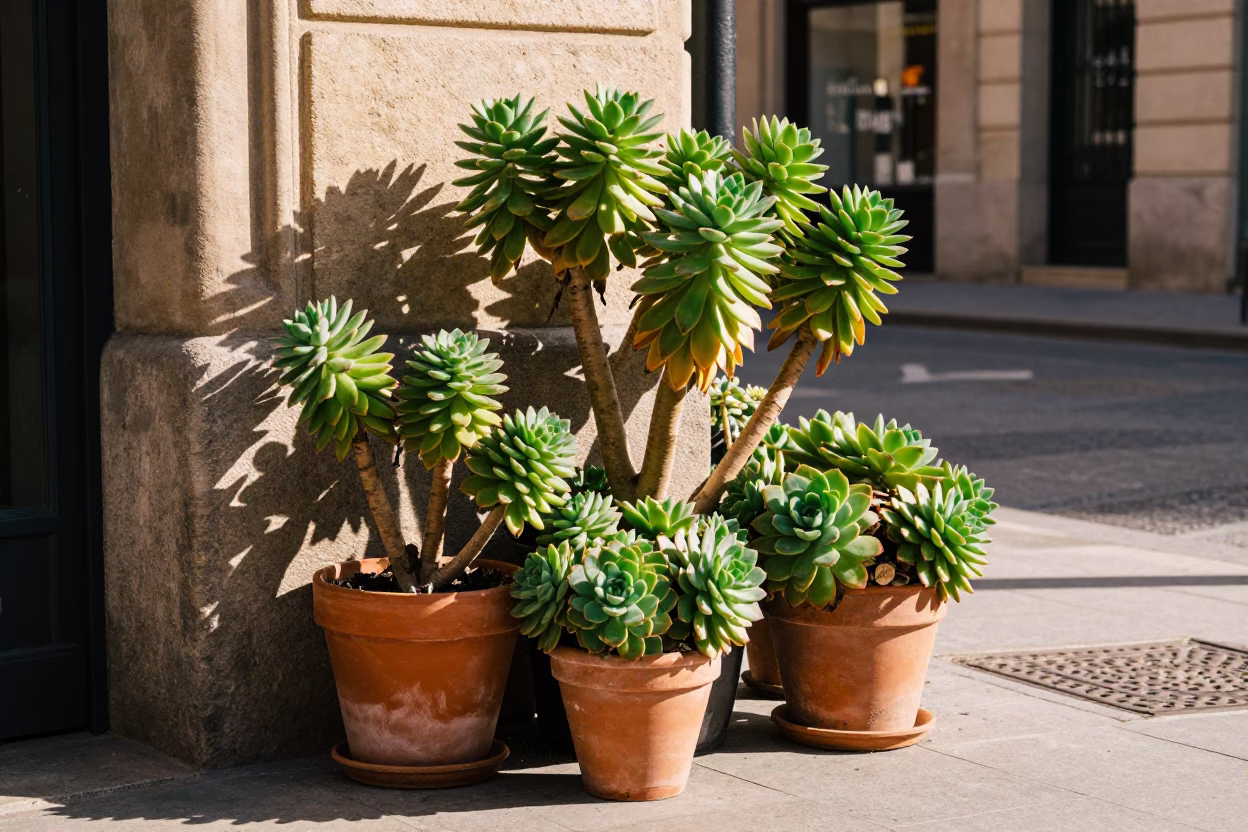 Sunlit Barcelona Street Scene with Succulents in Terracotta Pots on Balcony Railing in in Barcelona, Spain