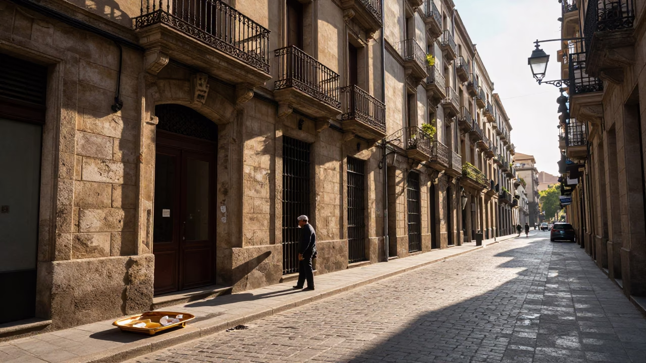 Sunlit Barcelona Street Scene with Vintage Bakery Tray and Linen Fringe Detail in in Barcelona, Spain