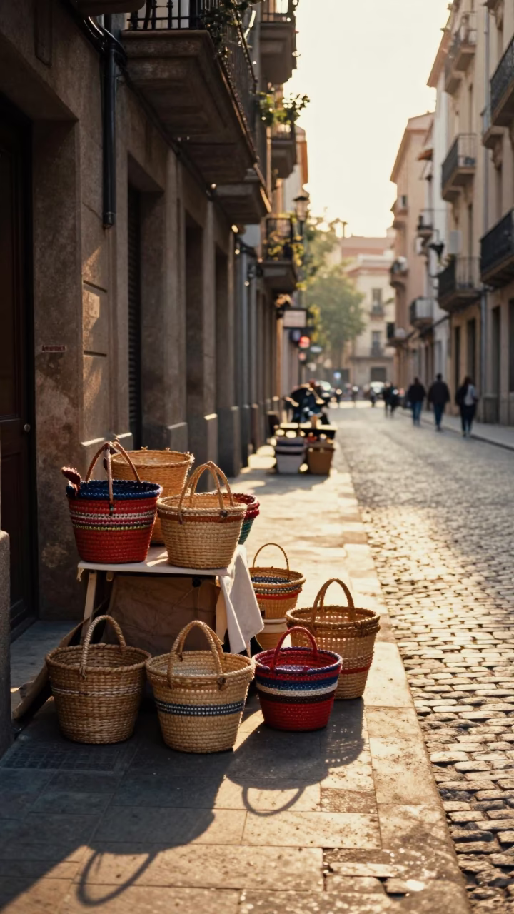 Sunlit Barcelona Street Scene with Woven Baskets and Morning Light in in Barcelona, Spain