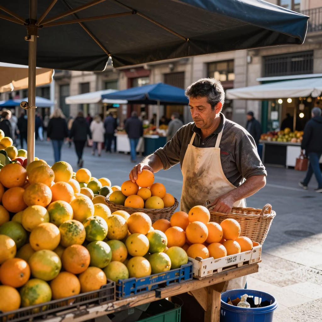 Sunlit Barcelona Street Vendor Arranging Fruit on Morning Market Table in in Barcelona, Spain
