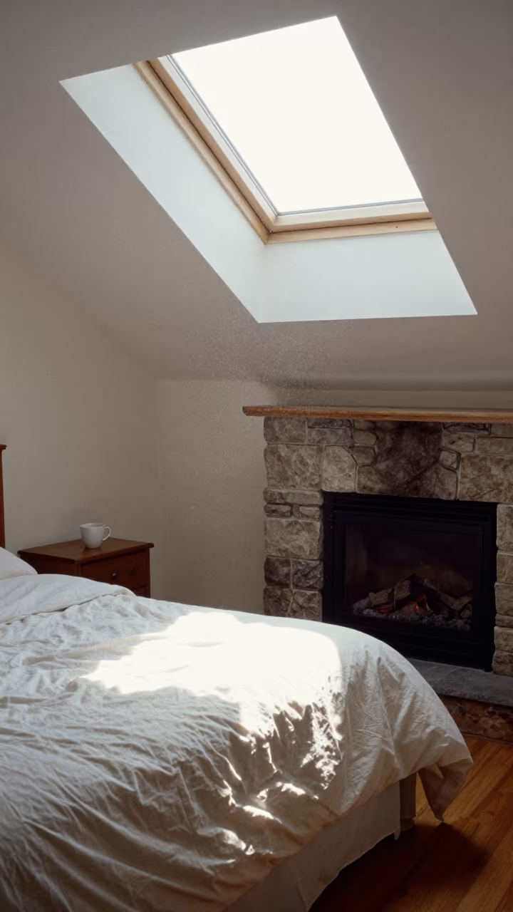 Sunlit Bedroom with Duvet and Coffee by Fireplace in by a crackling fireplace in Montreal