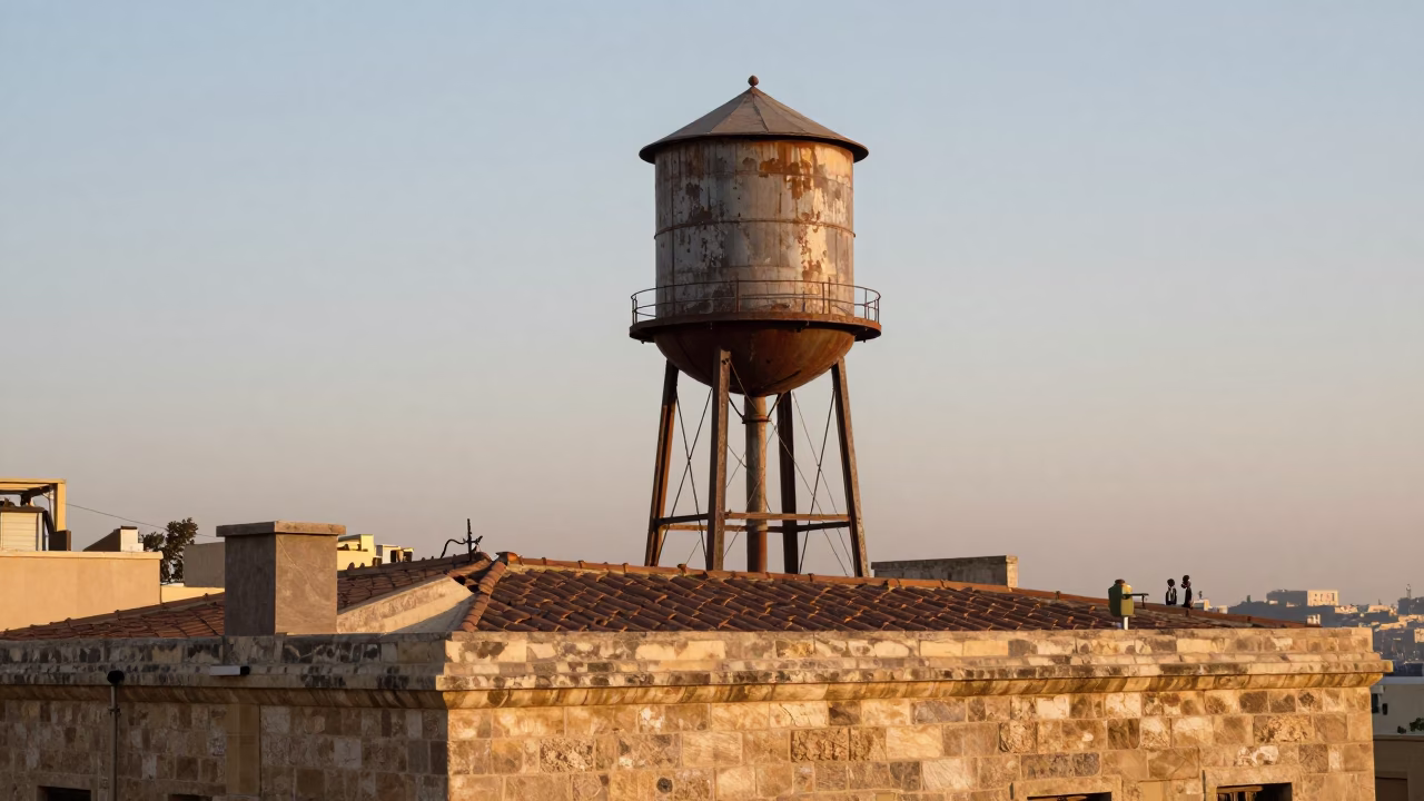 Sunlit Beirut Rooftop Water Tower with Morning Light and Cityscape in in Beirut, Lebanon