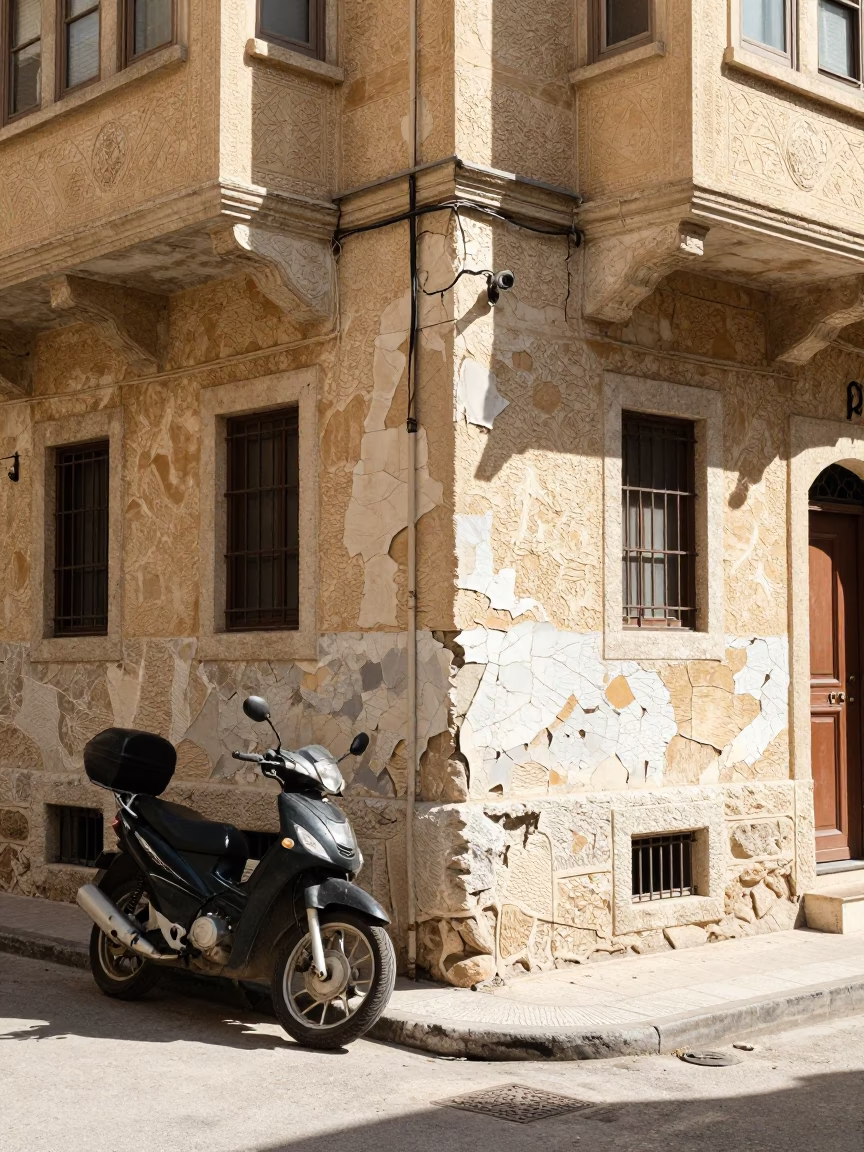 Sunlit Beirut Street Corner with Cracked Stucco and Motorbike Detail in 1980s in in Beirut, Lebanon