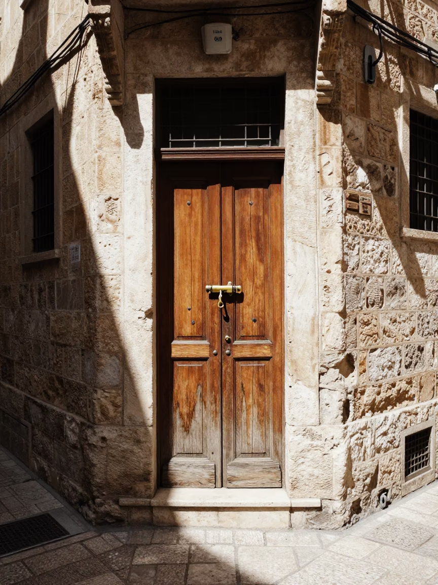 Sunlit Beirut Street Corner with Wooden Door Latch and Traditional Architecture in in Beirut, Lebanon
