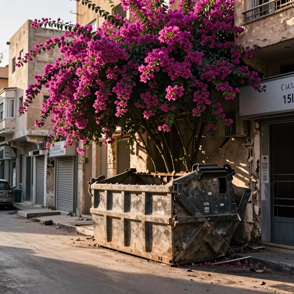 Sunlit Beirut Street Scene with Bougainvillea and Demolition Dumpster Outside Storefront in in Beirut, Lebanon