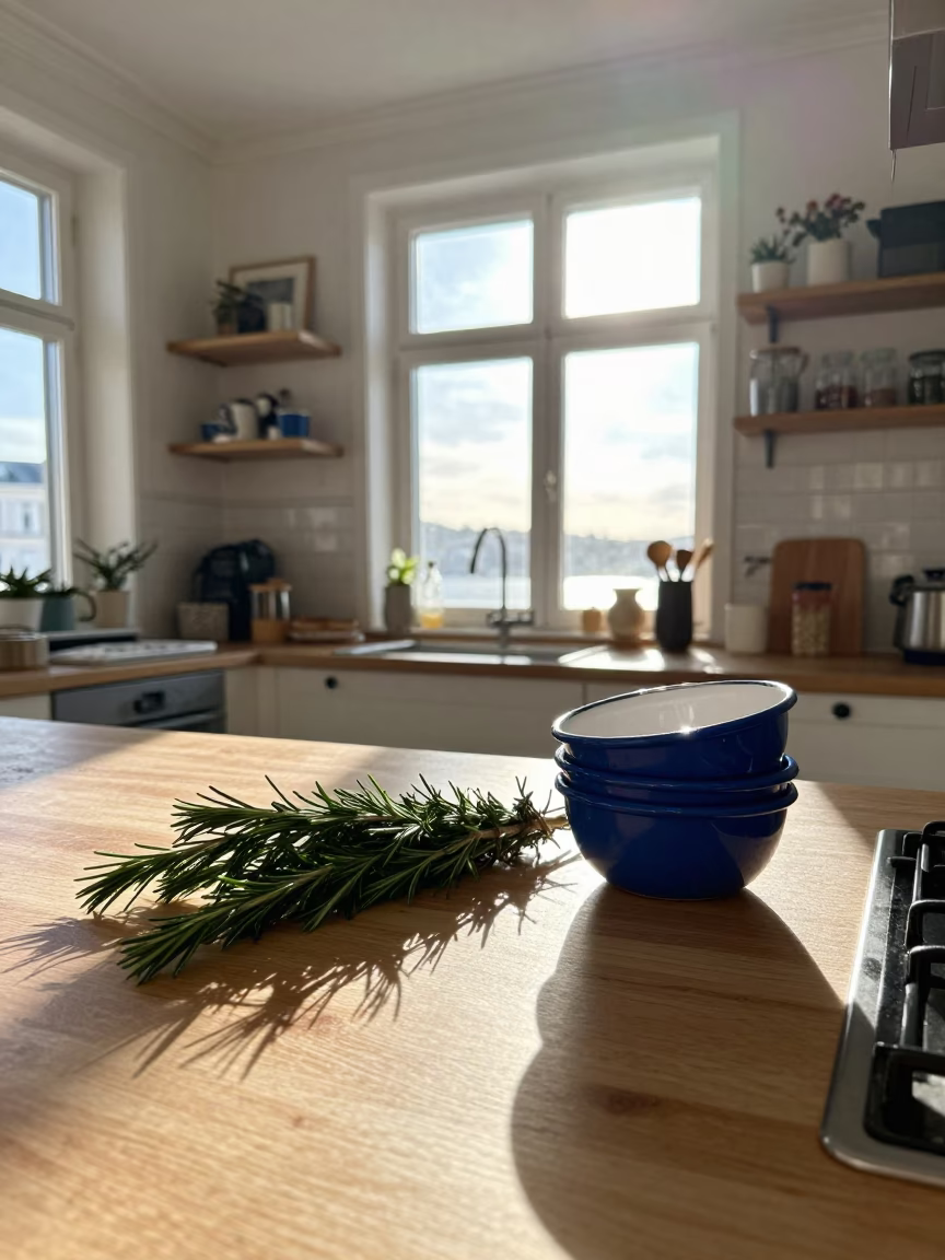 Sunlit Bergen Kitchen Interior with Rosemary Sprigs and Enamel Bowls in in Bergen, Norway