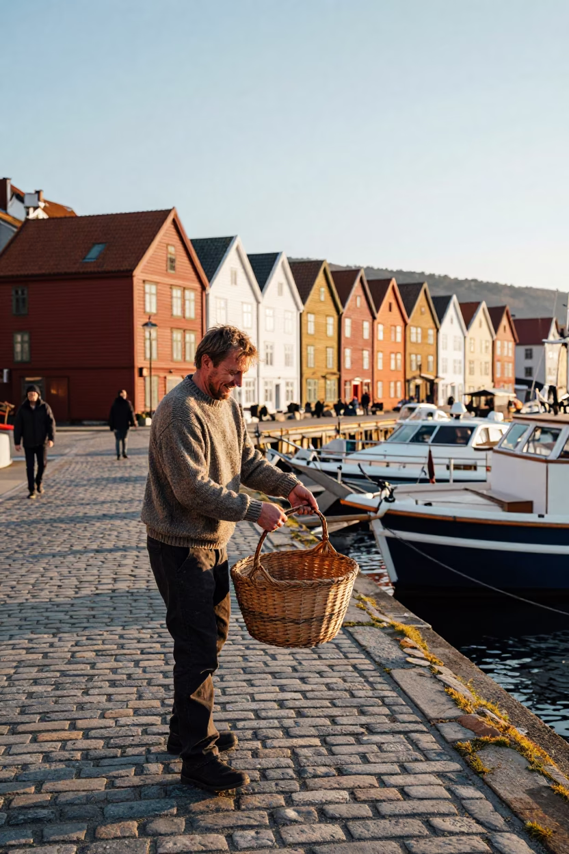 Sunlit Bergen Wharf Scene with Local Fisherman and Vintage Market Details in in Bergen, Norway