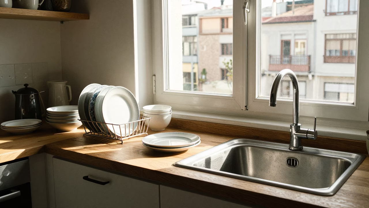 Sunlit Bilbao Kitchen Counter with Ceramic Dishes and Morning Light in in Bilbao, Spain