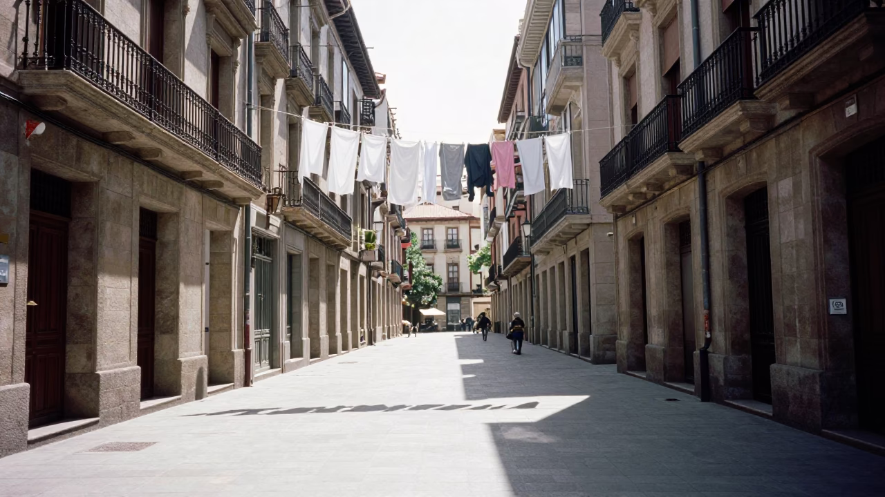 Sunlit Bilbao Plaza Street Scene with Hanging Laundry and Urban Life in in Bilbao, Spain