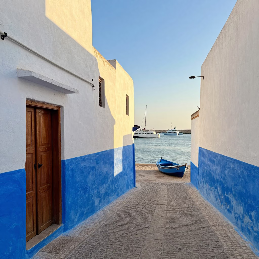Sunlit Blue Alley in Essaouira Morocco with Wooden Door and Catamaran in Harbor in in Essaouira, Morocco