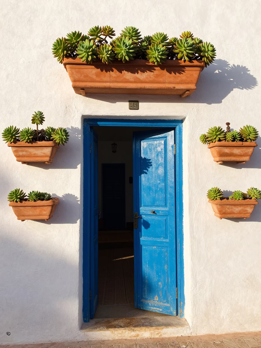 Sunlit Blue Door and Window Boxes in Essaouira Morocco Late Morning in in Essaouira, Morocco