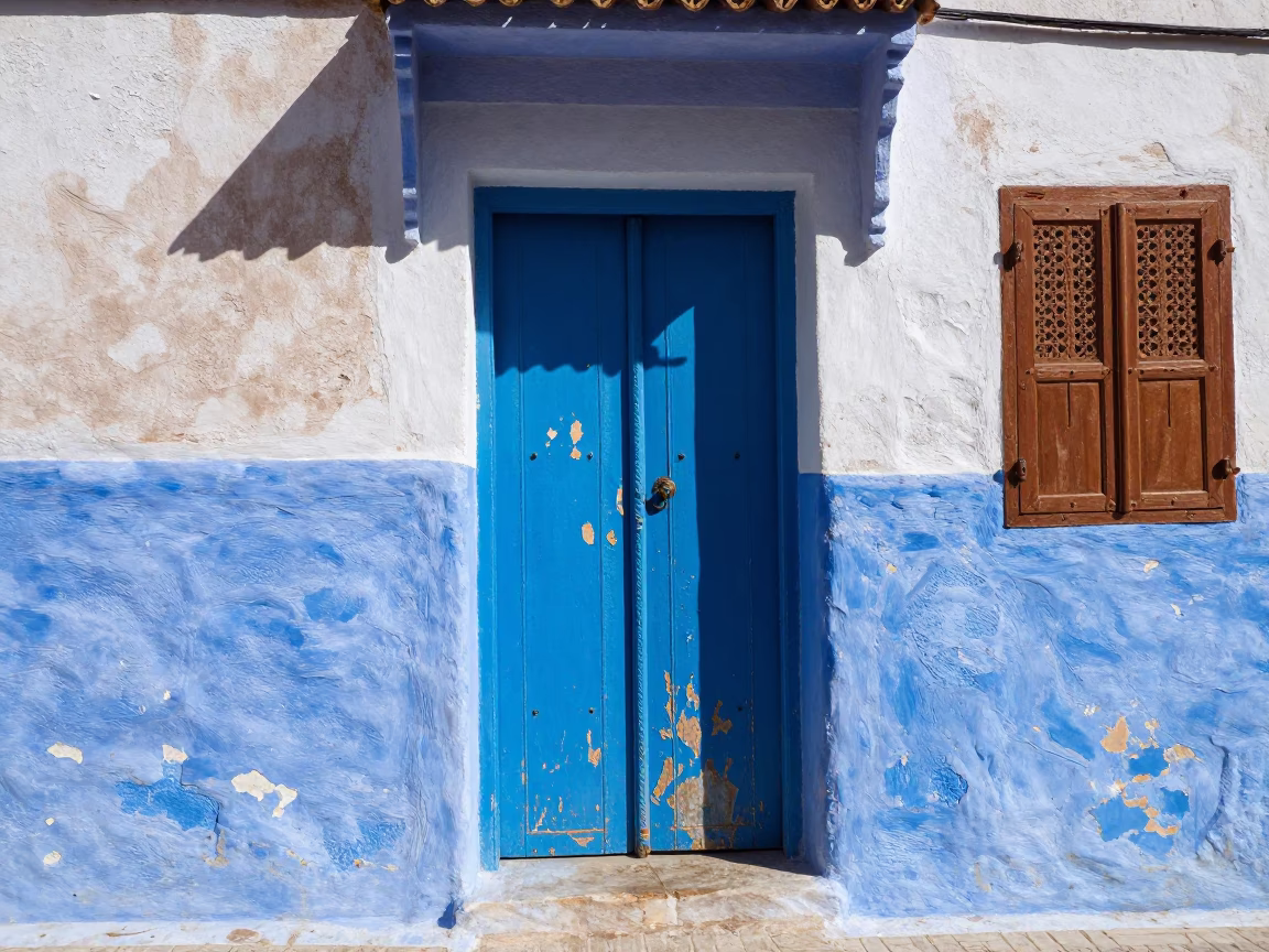 Sunlit Blue Door and Wooden Shutter in Historic Medina of Essaouira Morocco Midday in in Essaouira, Morocco