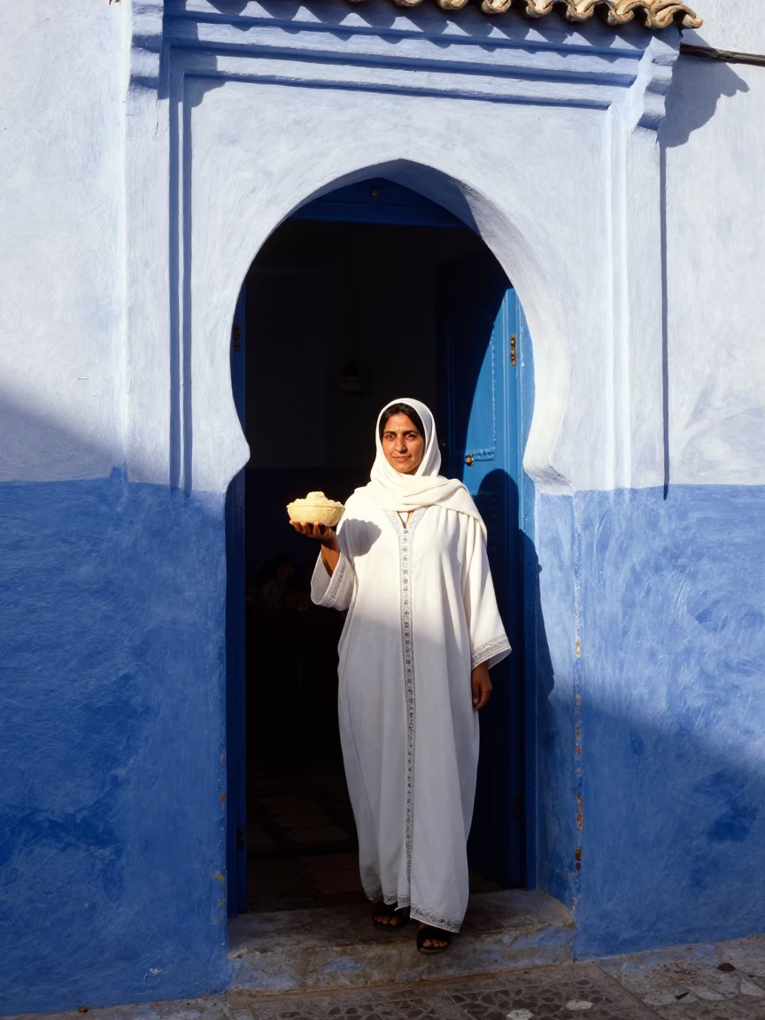 Sunlit Blue Doorway in Essaouira Morocco with Local Woman Holding Hummus Bowl in in Essaouira, Morocco