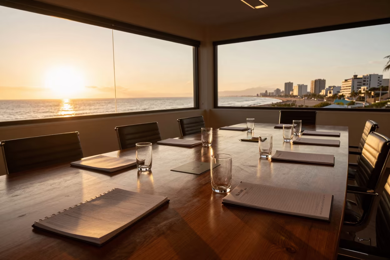 Sunlit Boardroom Table with Agendas in Praia in at a boardroom table before a meeting in Praia