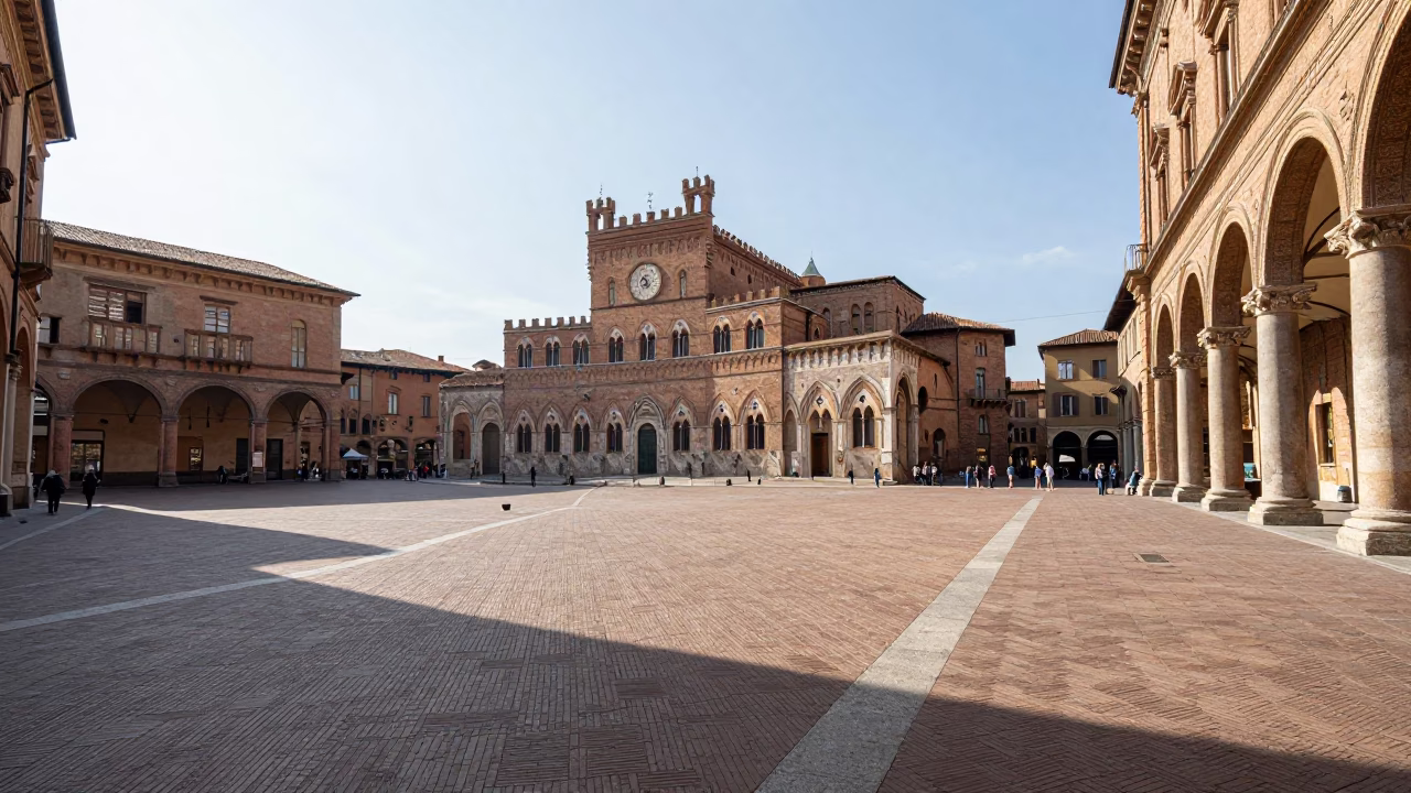 Sunlit Bologna Piazza Maggiore with historic porticoes and tourists enjoying early afternoon in in Bologna, Italy