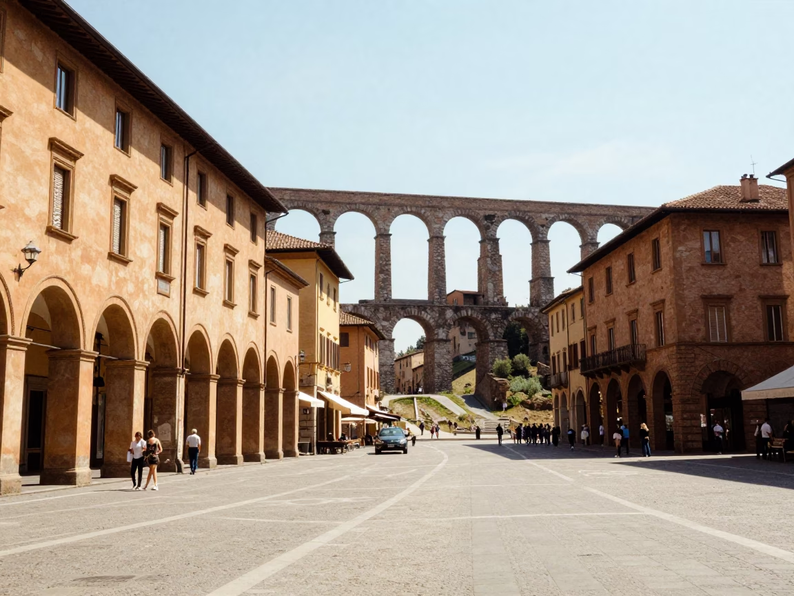 Sunlit Bologna Piazza with Stone Aqueduct and Local Street Life in Bright Midmorning Light in in Bologna, Italy