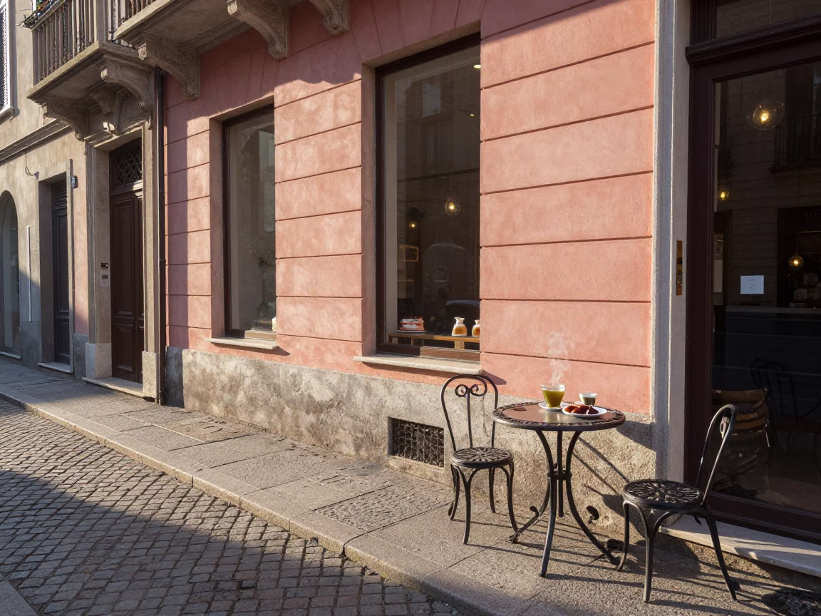 Sunlit Bologna Street Cafe Morning with Steaming Genmaicha Tea Cup in in Bologna, Italy