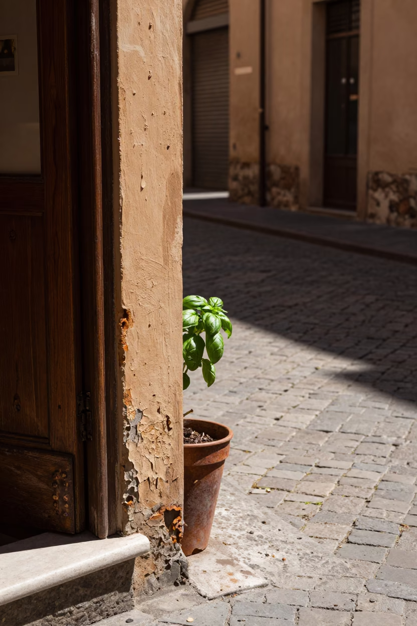 Sunlit Bologna Street Corner with Basil Leaves and Rusty Doorframe in in Bologna, Italy