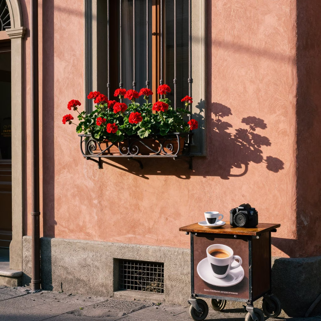 Sunlit Bologna Street Corner with Espresso Cup and Flowering Window Box in in Bologna, Italy