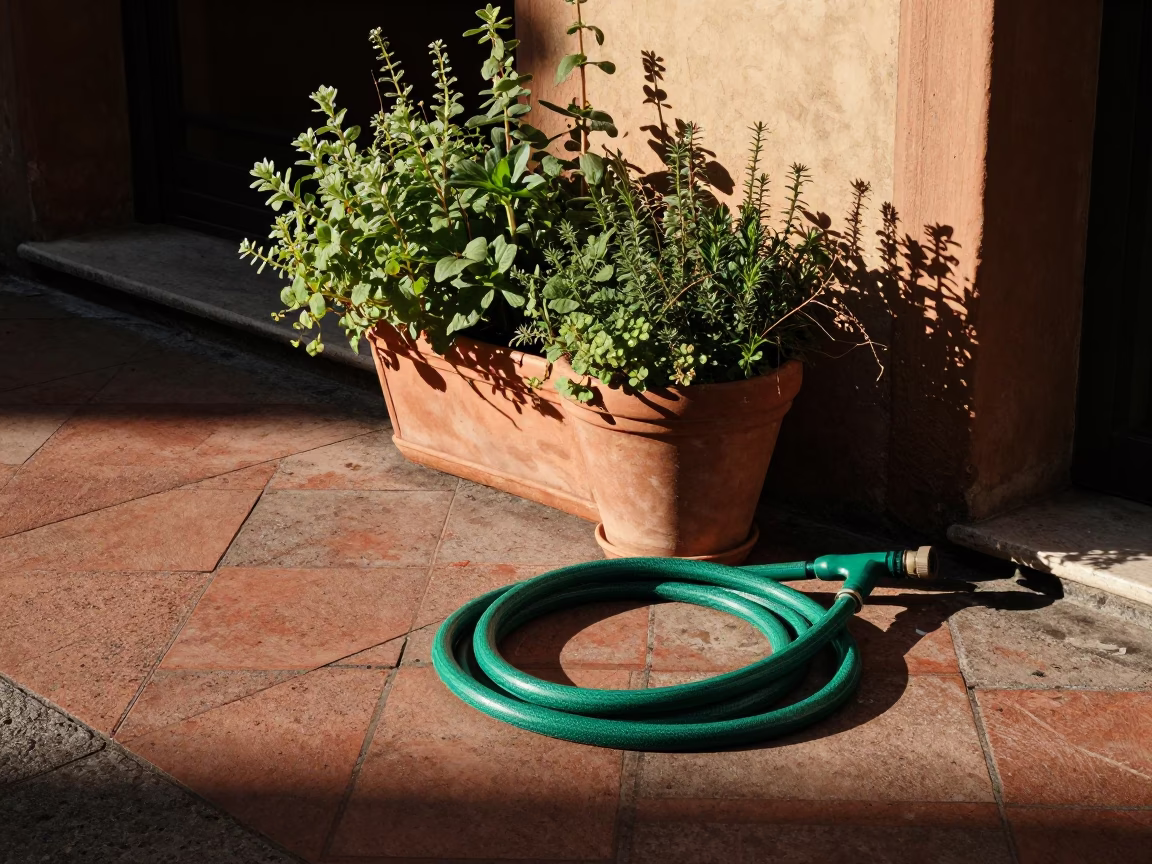Sunlit Bologna Street Corner with Majolica Pot and Green Garden Hose in in Bologna, Italy
