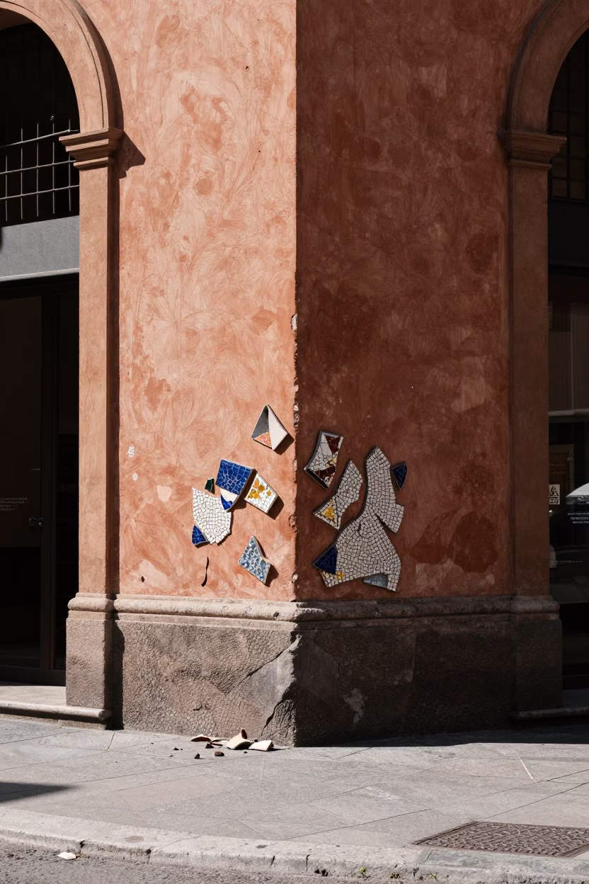 Sunlit Bologna Street Corner with Mosaic Tile Fragments and Urban Life in in Bologna, Italy