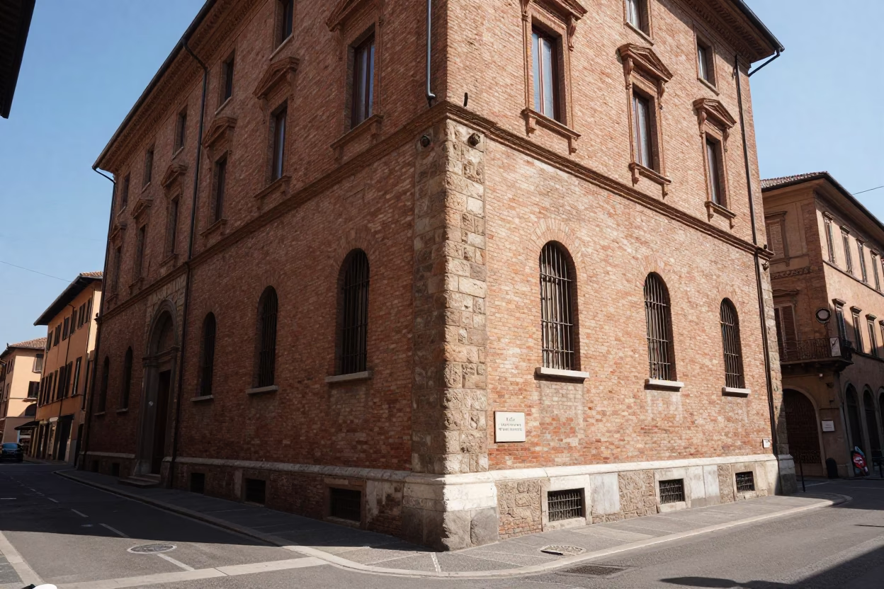 Sunlit Bologna Street Corner with Stone Architecture and Daily Life in in Bologna, Italy