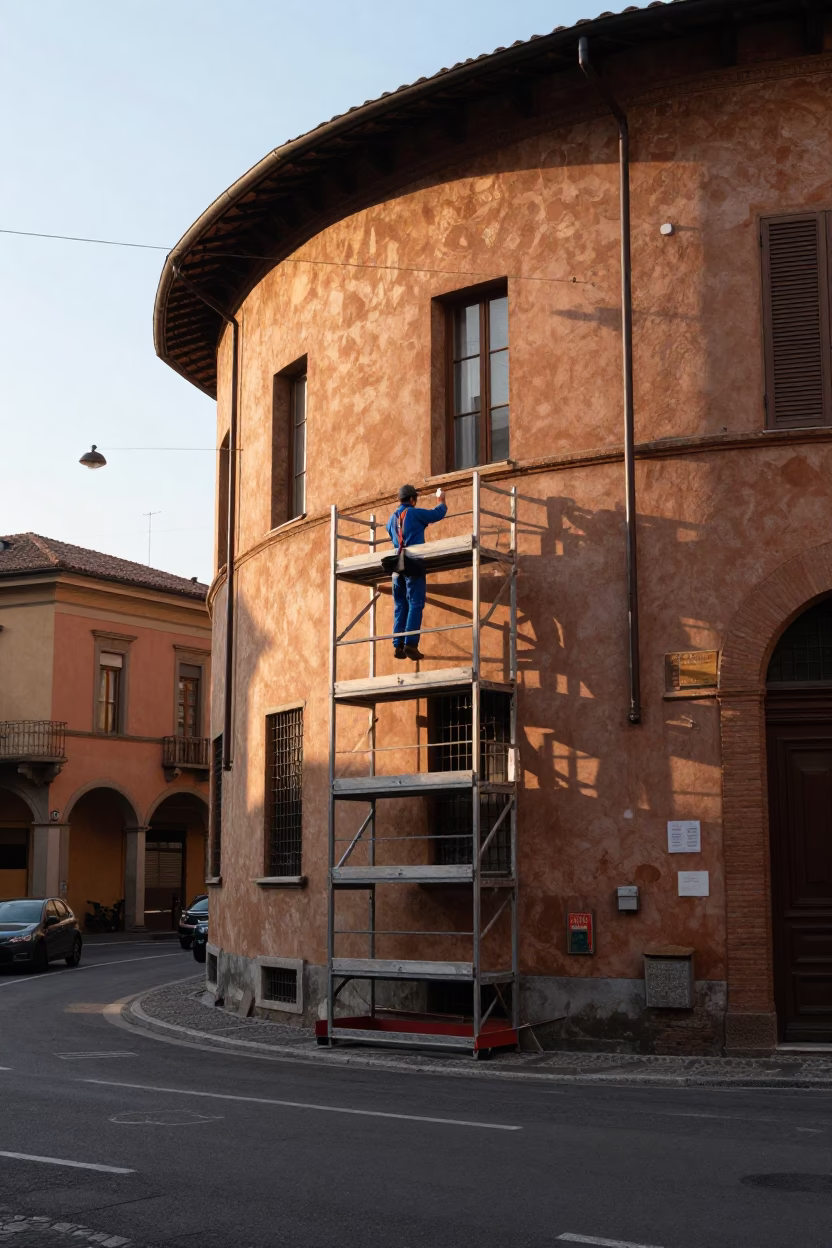 Sunlit Bologna Street Scene with Masons Restoring Historic Architecture at Dawn in in Bologna, Italy