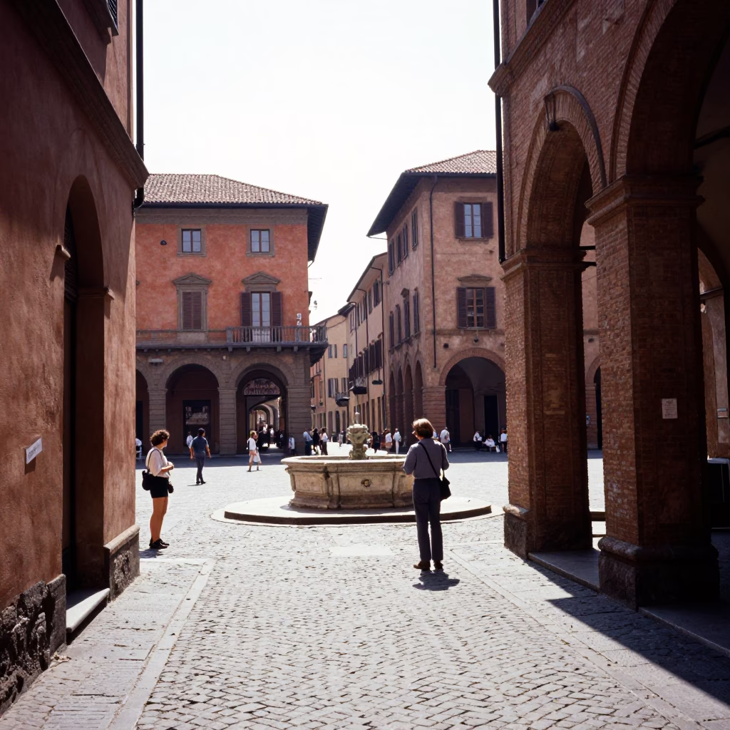 Sunlit Bologna Street Scene with Tourist and Local Interaction at Noon in in Bologna, Italy