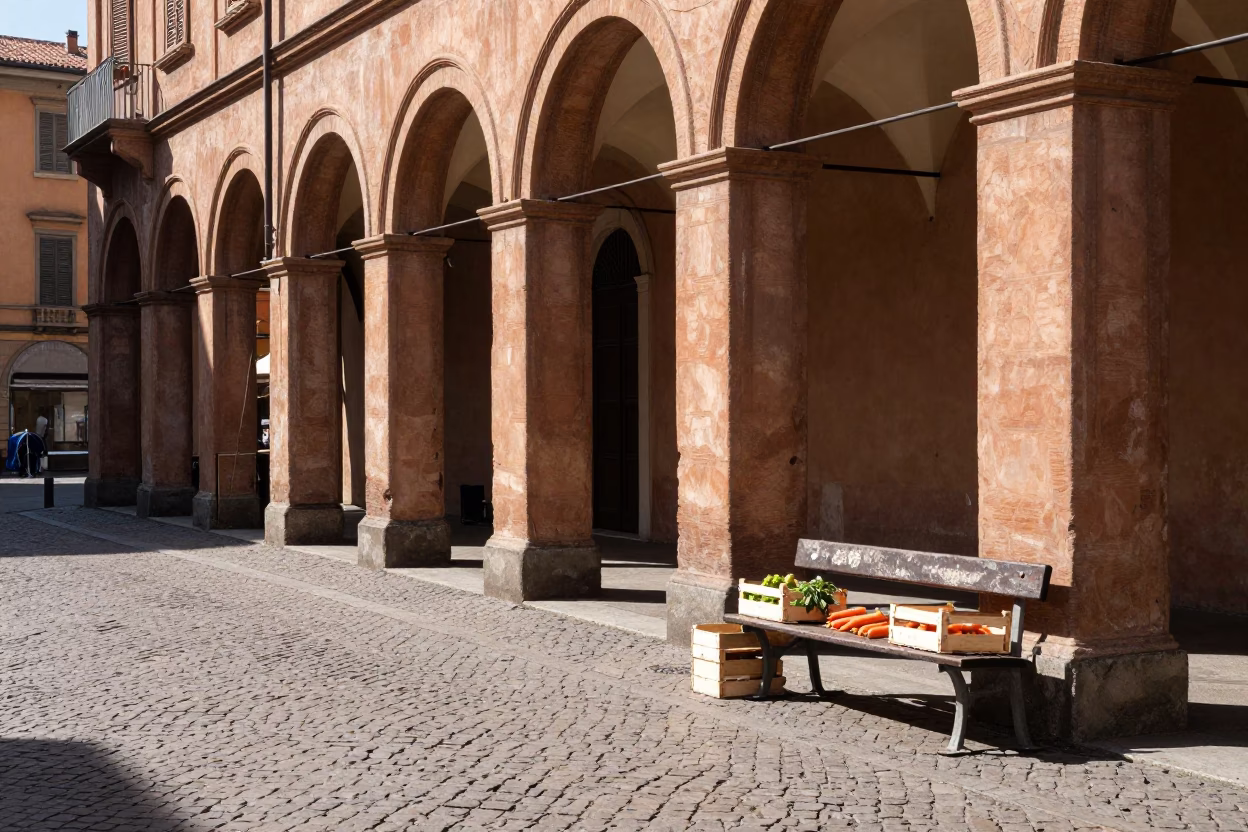 Sunlit Bologna Street Scene with Vintage Details and Local Life in in Bologna, Italy