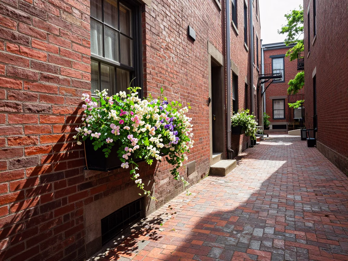 Sunlit Boston Alleyway with Pea Trellis and Weathered Tile Grout in in Boston, Massachusetts, United States
