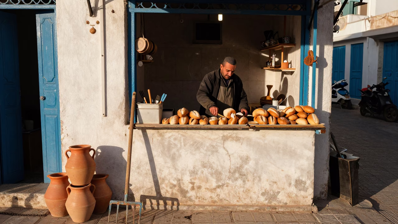 Sunlit Breakfast Stall in Tunis With Rake And Kitchen Utensils in in Tunis, Tunisia