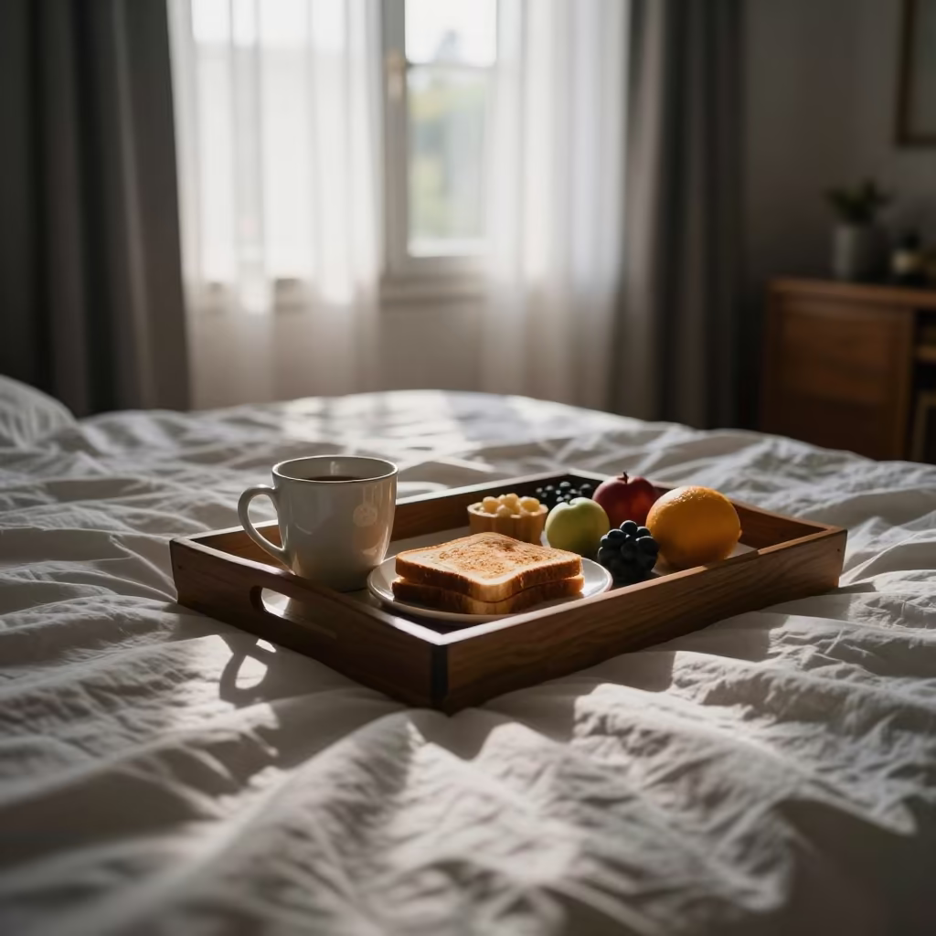 Sunlit Breakfast Tray on Rumpled Midsummer Bed in in a sunlit living room near Cipolletti