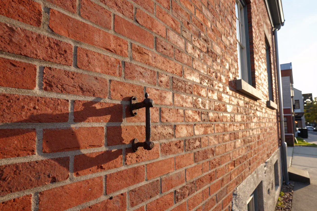 Sunlit Brick Facade and Iron Gate Handle in Quebec City Morning Light in in Quebec City, Quebec, Canada