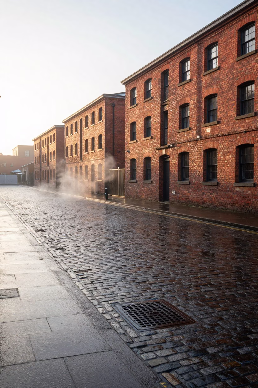 Sunlit Brickwork And Wet Pavement In Liverpool Just After Sunrise in in Liverpool, United Kingdom