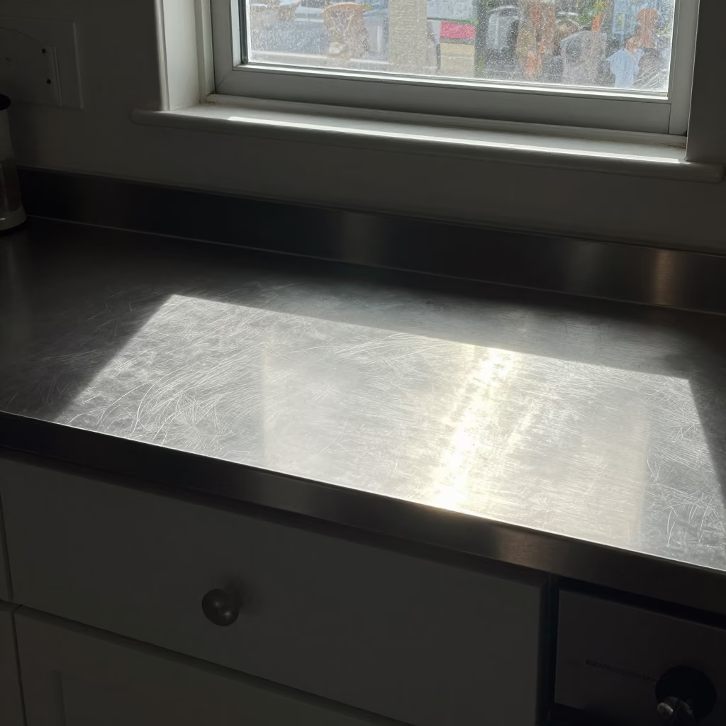 Sunlit Brushed Steel Countertop in Los Angeles Kitchen with Vintage Camp Stool in in Los Angeles, California, United States