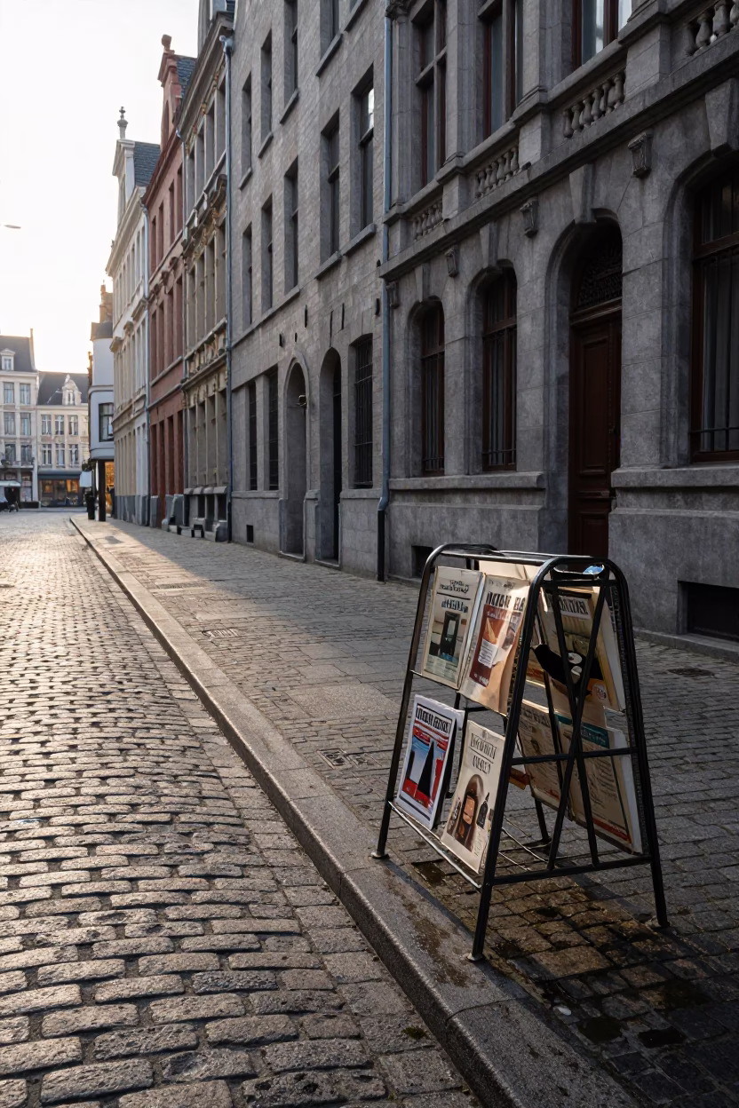 Sunlit Brussels Cobblestone Street with Vintage Magazine Rack and Morning Commuters in in Brussels, Belgium