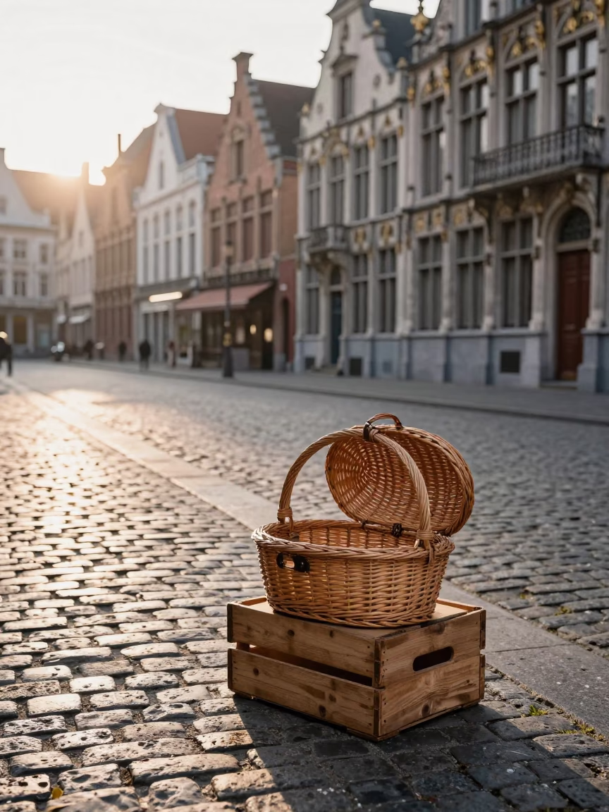 Sunlit Brussels Morning with Vintage Sewing Basket on Cobblestone Street Near Grand Place in in Brussels, Belgium