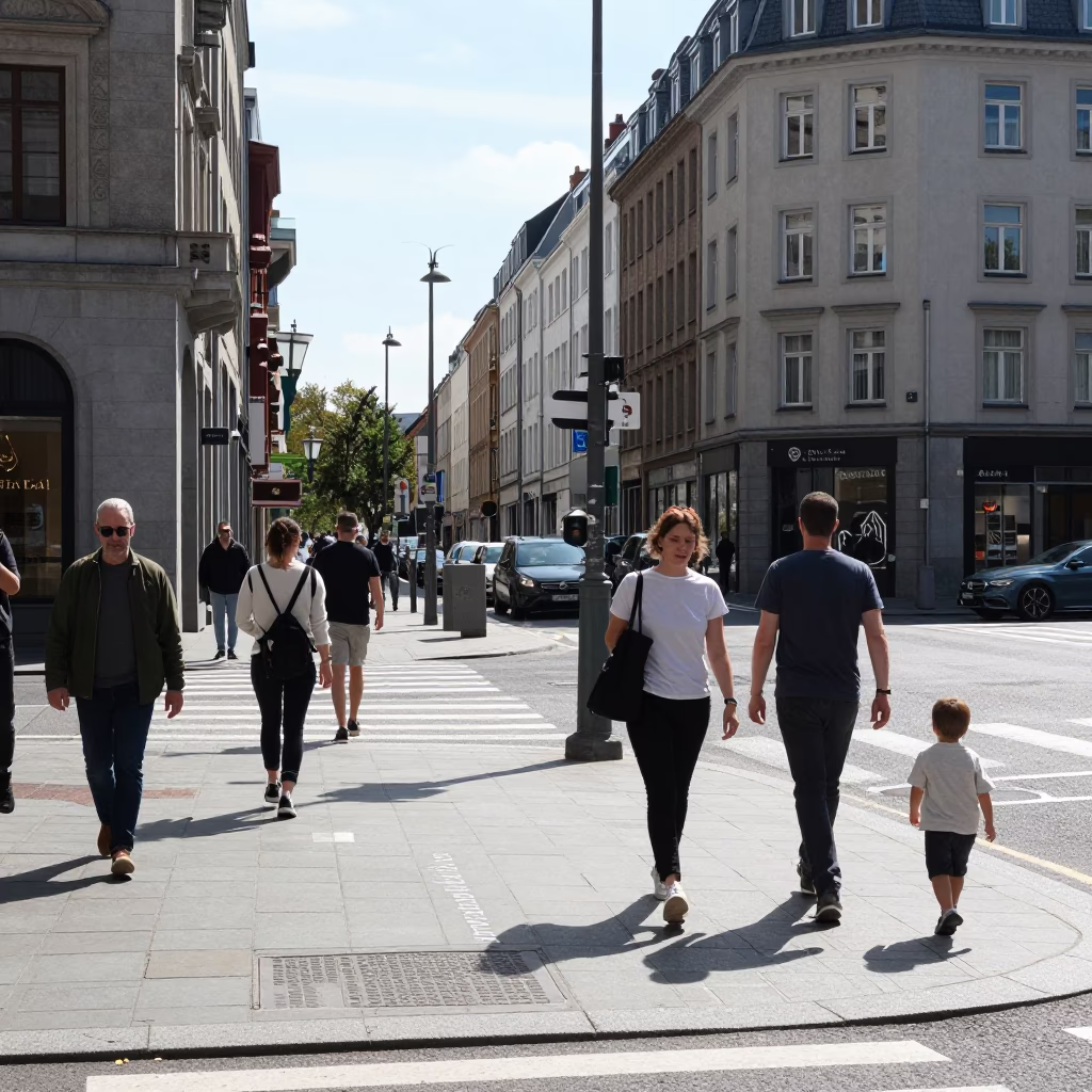 Sunlit Brussels Street Corner with Pedestrians and Urban Details in in Brussels, Belgium