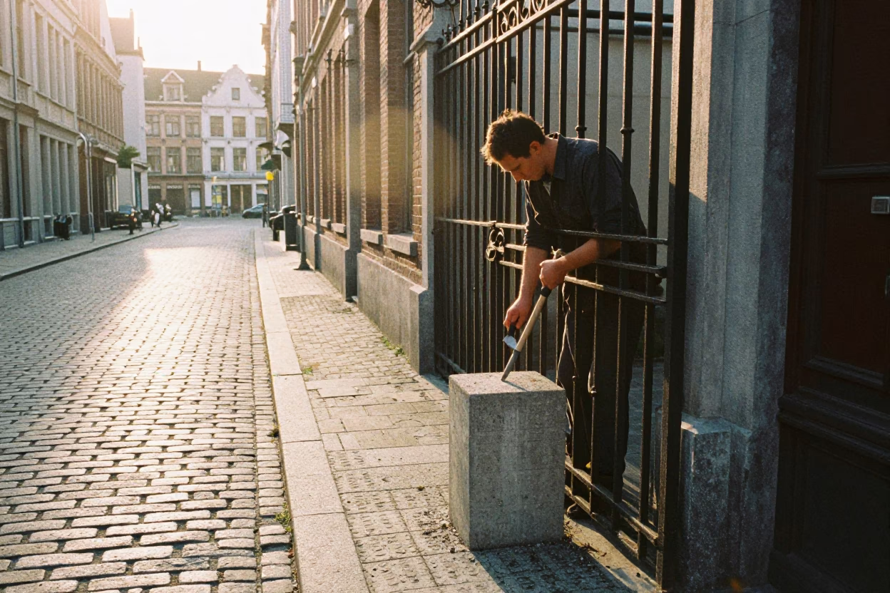Sunlit Brussels Street Scene with Hand Tool and Concrete Viaduct in in Brussels, Belgium
