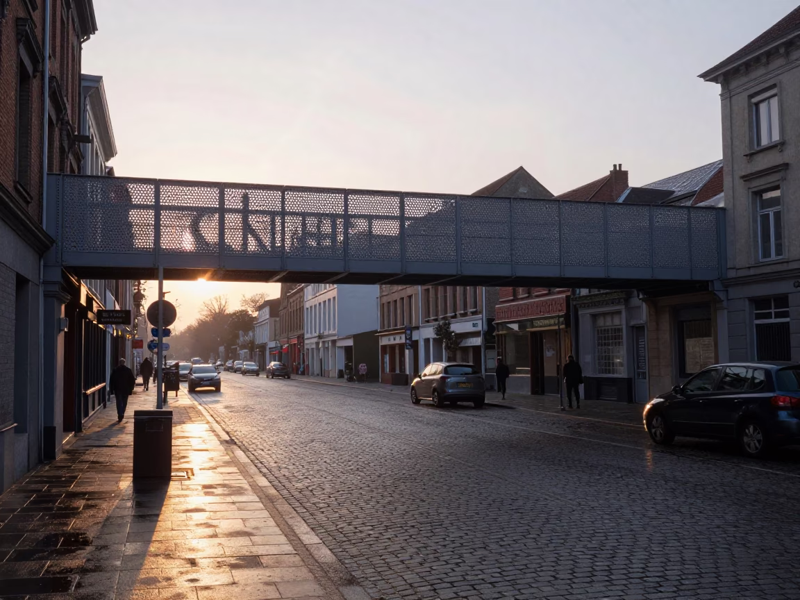 Sunlit Brussels Street Scene with Pedestrian Overpass and Wet Footsteps Near Grand Place in in Brussels, Belgium