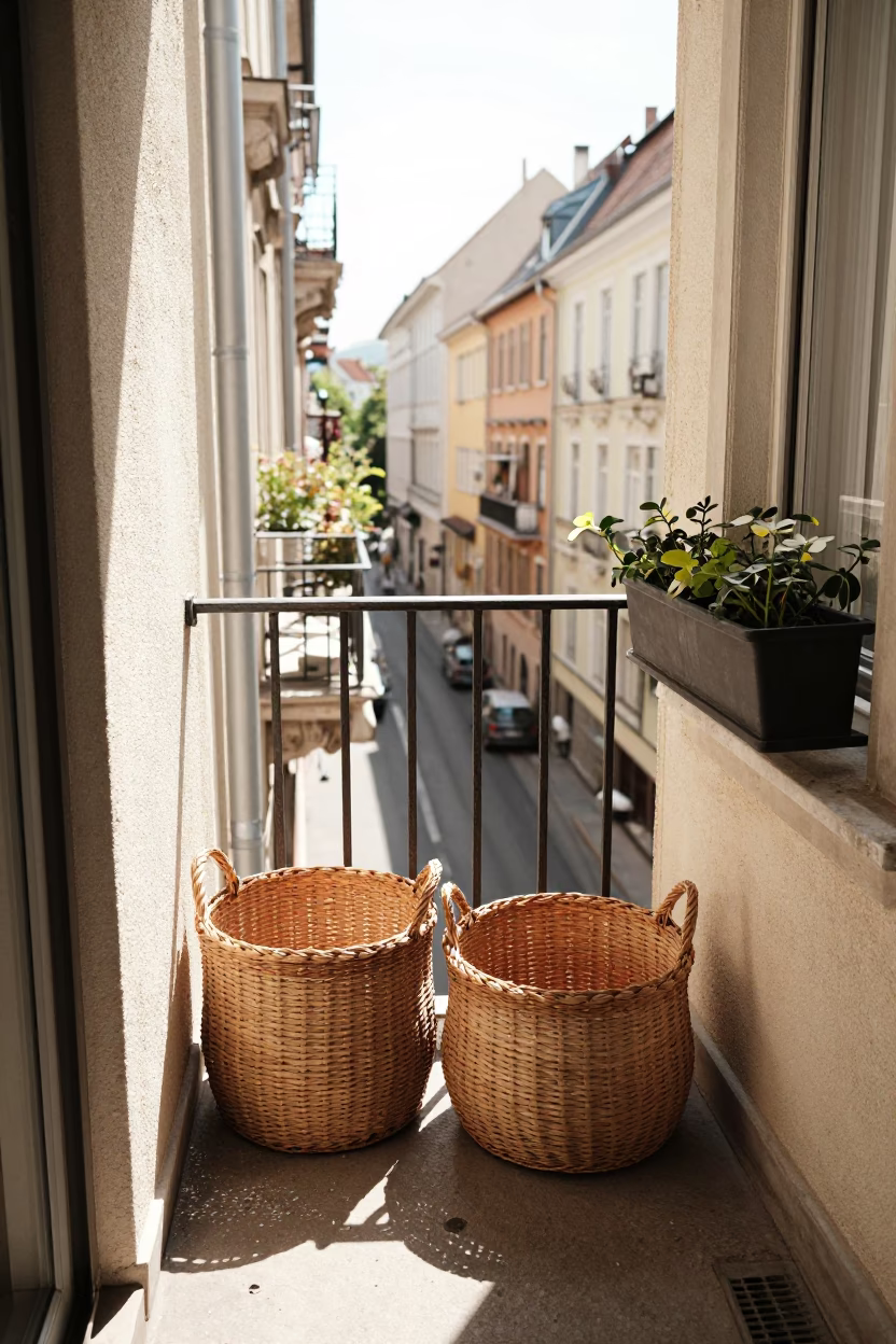 Sunlit Budapest Balcony with Woven Baskets and Window Box Greenery in in Budapest, Hungary