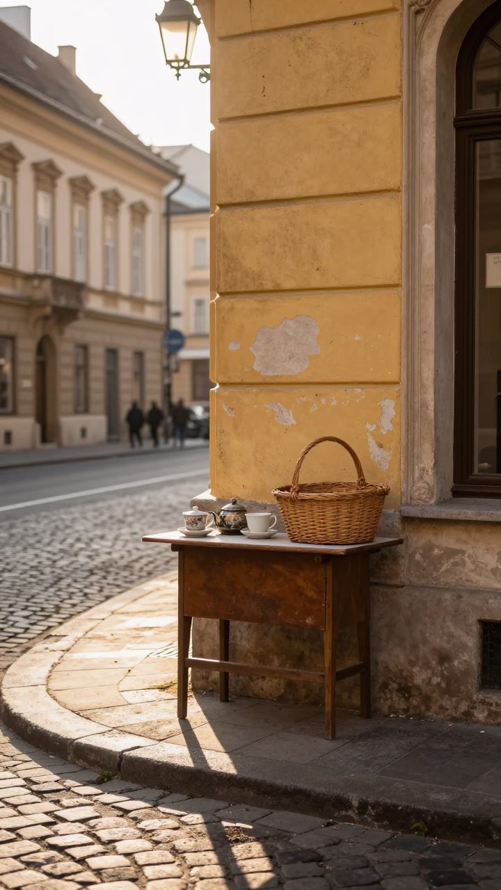 Sunlit Budapest Street Corner with Basket and Tea Setup in in Budapest, Hungary
