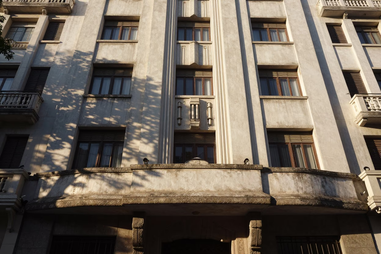 Sunlit Buenos Aires Art Deco Facade with Wicker Shadows on Ceramic Tiles in in Buenos Aires, Argentina