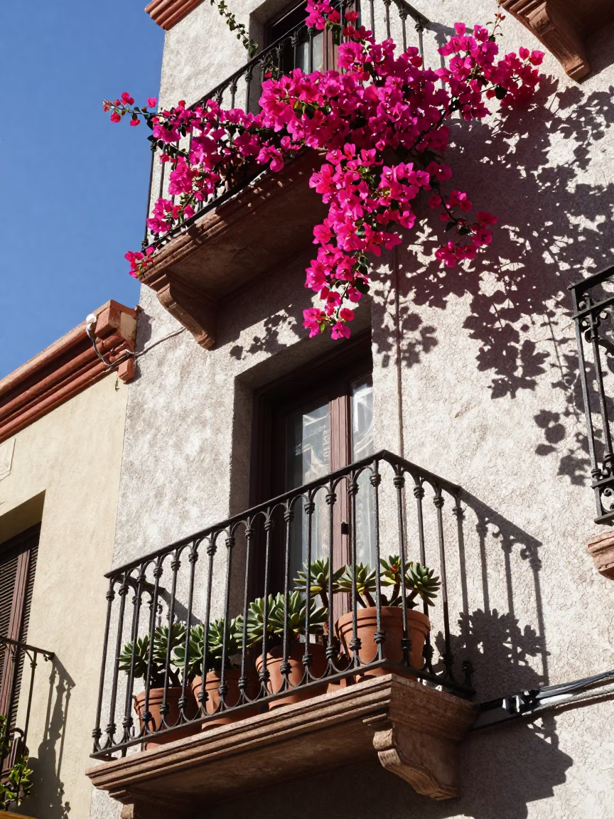 Sunlit Buenos Aires Balcony with Bougainvillea and Potted Succulents in in Buenos Aires, Argentina