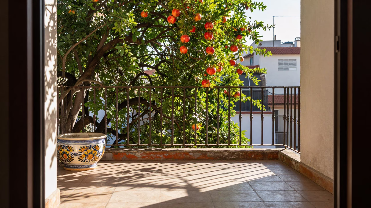 Sunlit Buenos Aires Balcony with Pomegranate Tree and Vintage Majolica Plate in in Buenos Aires, Argentina