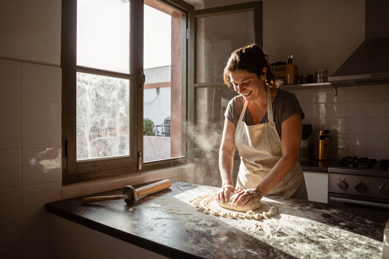 Sunlit Buenos Aires Kitchen Window with Flour Dust and Hammered Metal in in Buenos Aires, Argentina