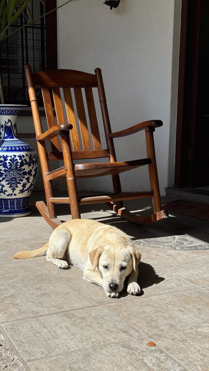 Sunlit Buenos Aires Patio Dog Rests Near Blue Porcelain and Kettle in in Buenos Aires, Argentina