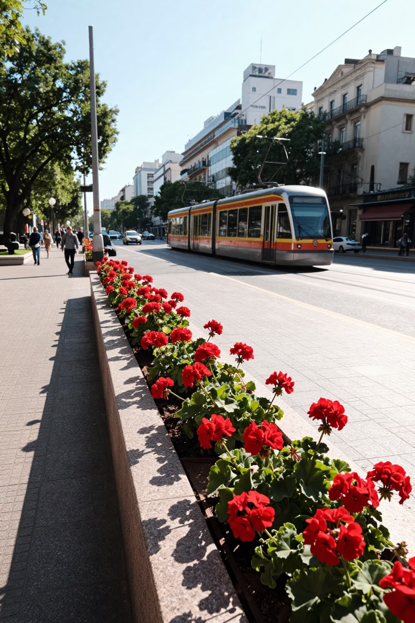 Sunlit Buenos Aires Plaza Scene with Red Geraniums and Funicular Railway Climb in in Buenos Aires, Argentina